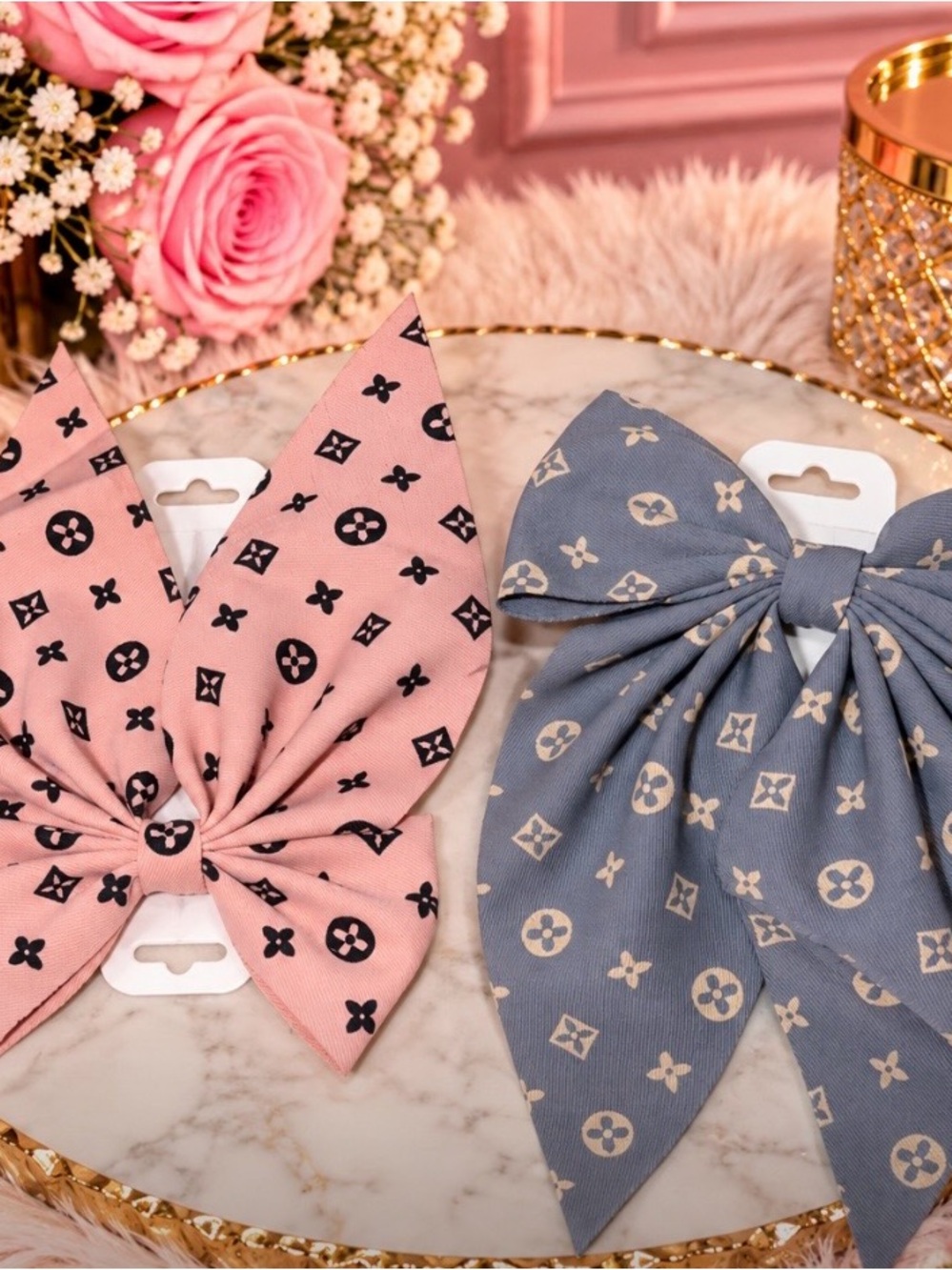 Pink and Blue Patterned Kids Bow Hair Clips - Set of 2